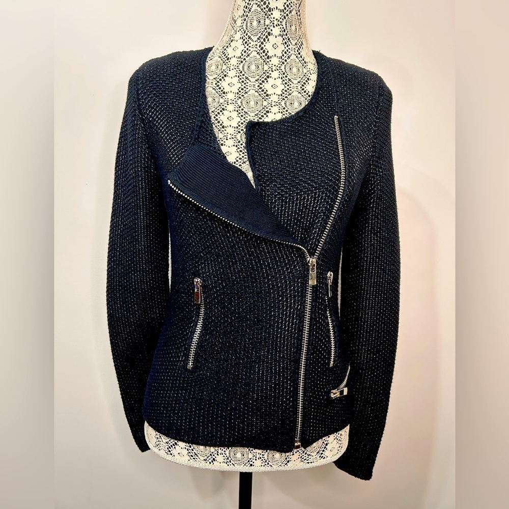 Maje black multi zippered moto inspired fabric jacket size 2